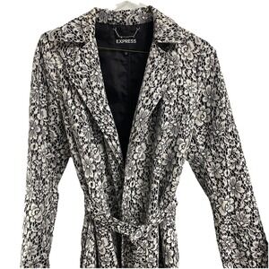 EXPRESS Women Black&White Floral Lightweight Trench Coat Jacket‎ W/Tie Belt Sz.M